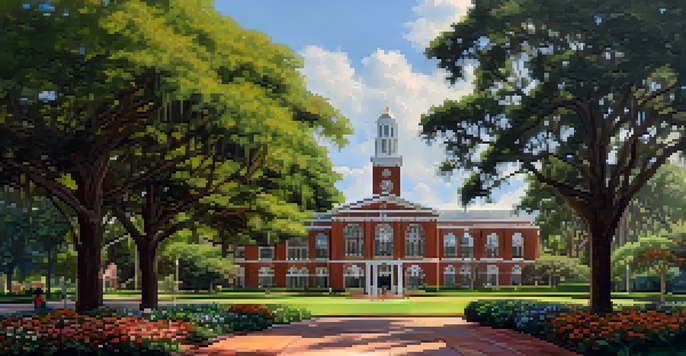 A wide view of Florida State University's campus featuring the Westcott Building, surrounded by greenery and students enjoying the sunny day.