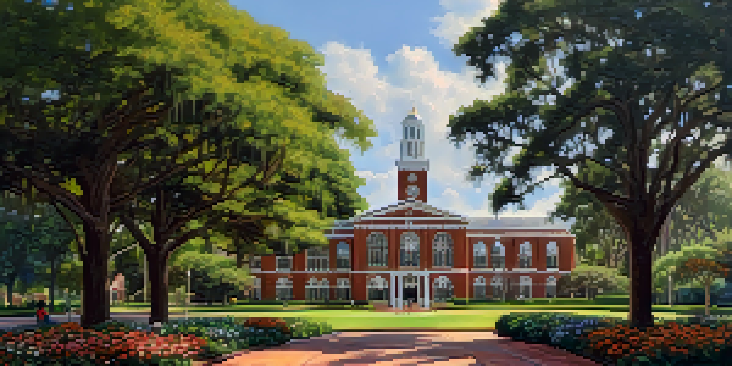 A wide view of Florida State University's campus featuring the Westcott Building, surrounded by greenery and students enjoying the sunny day.
