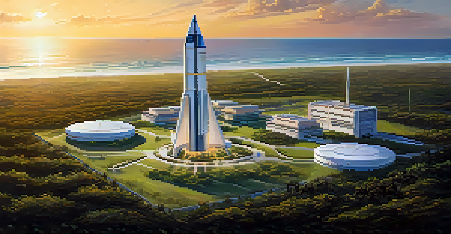 Aerial view of Cape Canaveral Space Force Station at sunset, with launch pads and ocean in the background.