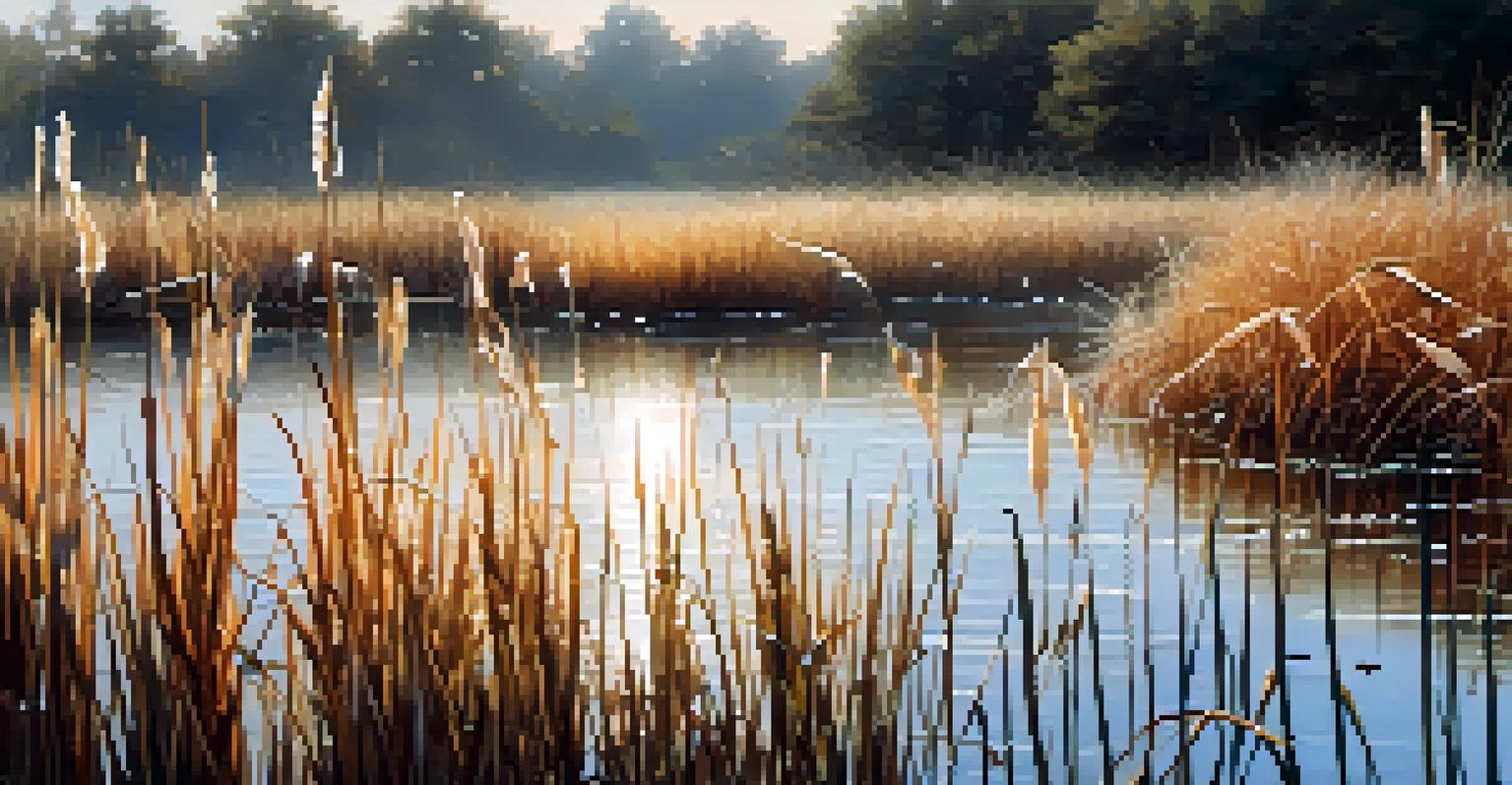 Close-up of wetland plants with water droplets, illuminated by soft morning light.