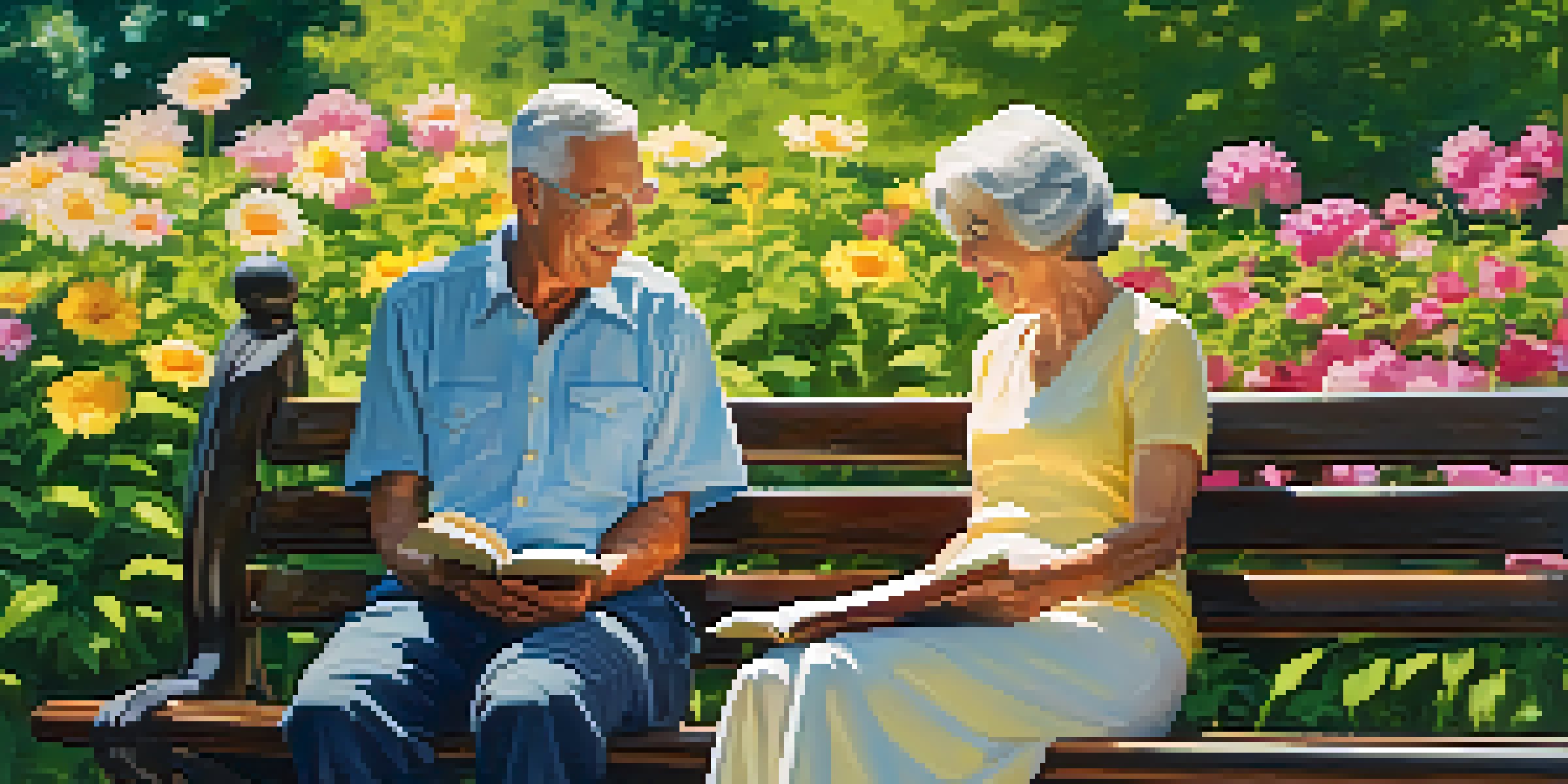 A senior couple sitting on a park bench in a sunny park, the woman is reading and the man is smiling.