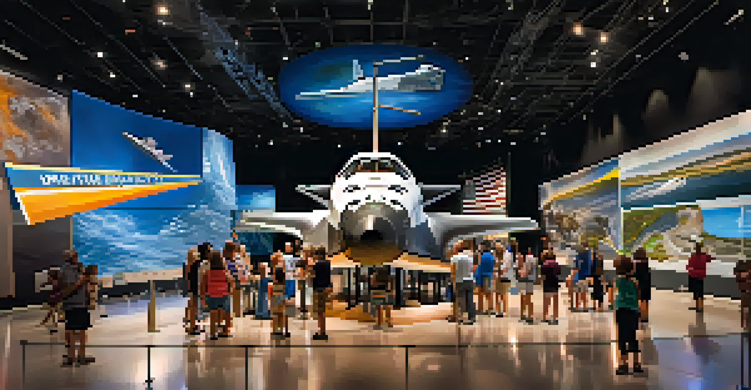 The Space Shuttle Atlantis exhibit at Kennedy Space Center, with visitors admiring the shuttle in a dynamic display surrounded by educational panels.