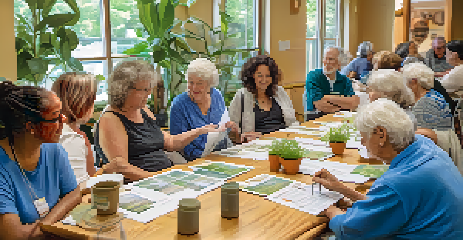 A community workshop with residents discussing renewable energy solutions, surrounded by plants and natural light.
