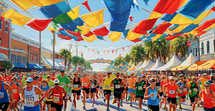 A diverse group of runners crossing the finish line at the Gasparilla Distance Classic in Tampa, surrounded by cheering spectators and colorful banners.