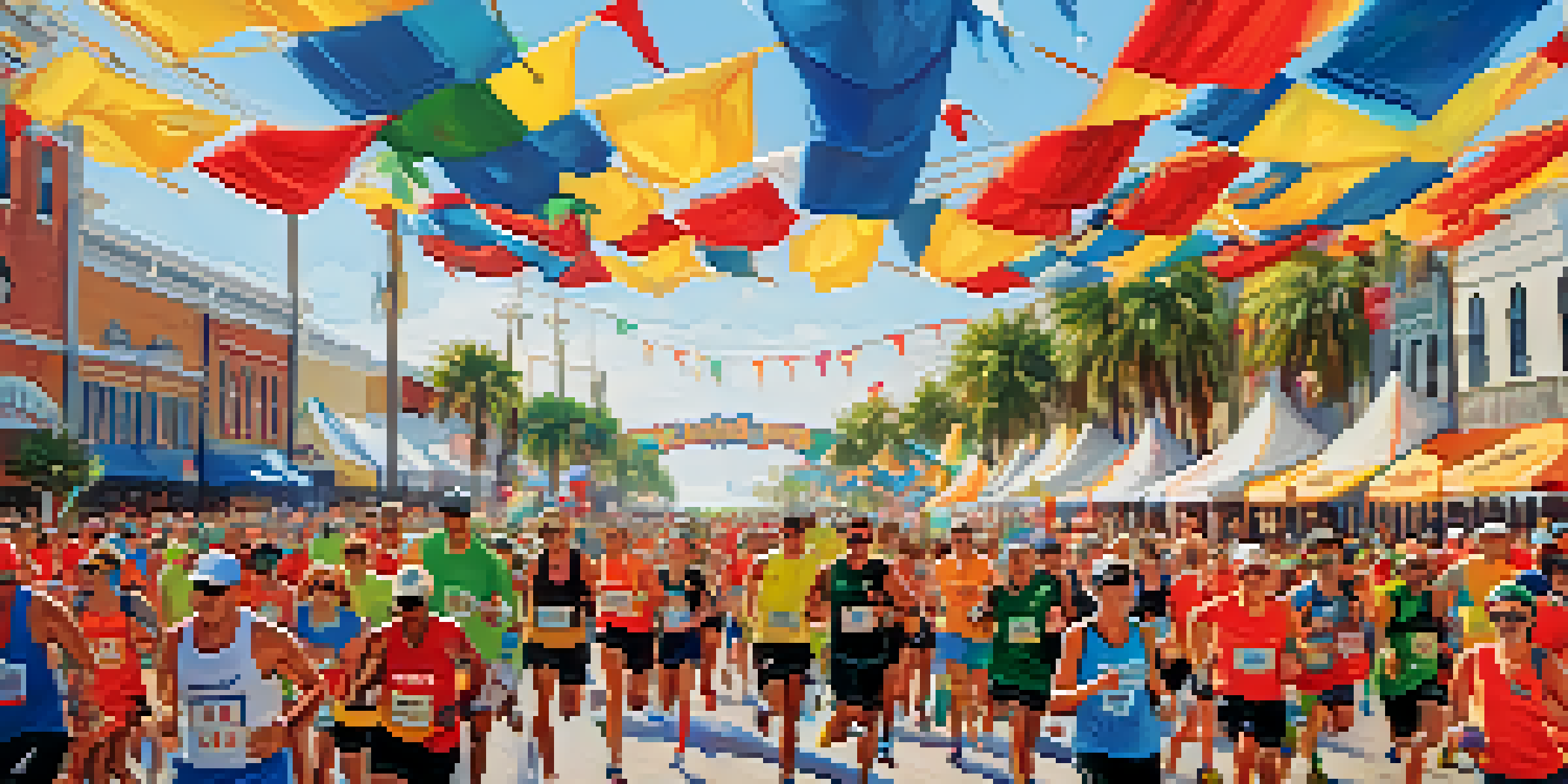 A diverse group of runners crossing the finish line at the Gasparilla Distance Classic in Tampa, surrounded by cheering spectators and colorful banners.