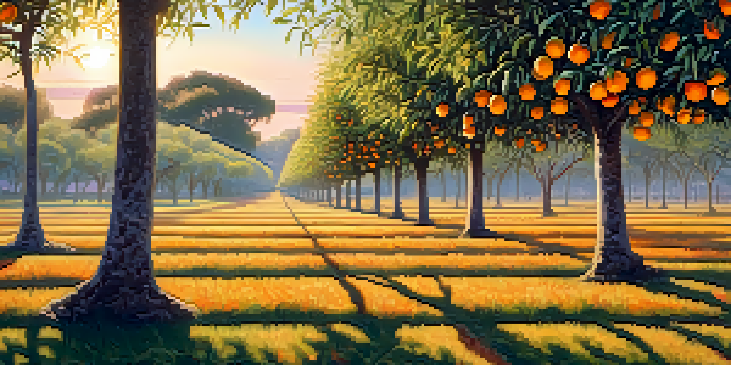 A Florida citrus grove filled with orange trees under a beautiful sunrise, highlighting ripe oranges and soft light.