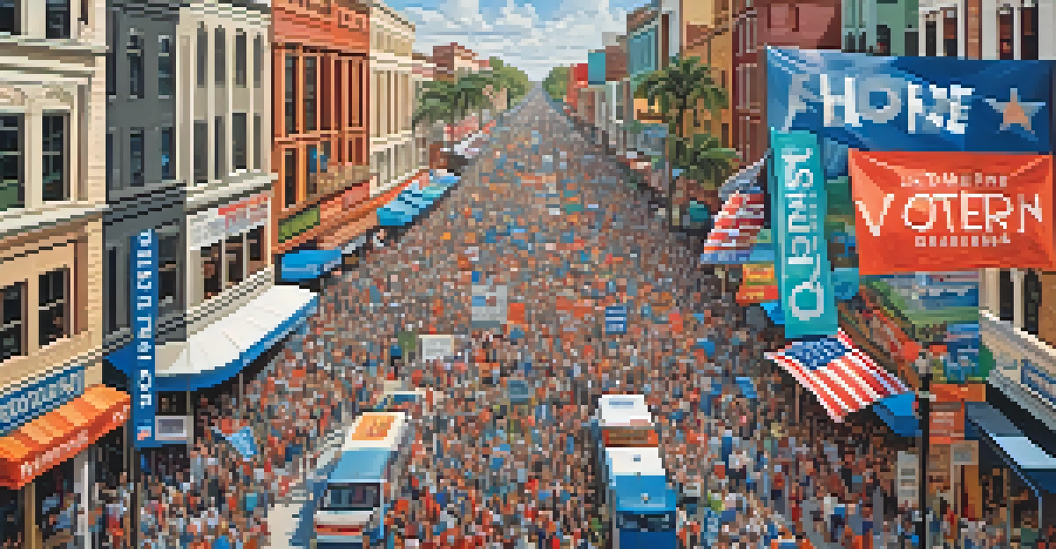 An aerial view of a Florida city bustling with campaign signs and crowds during election season.