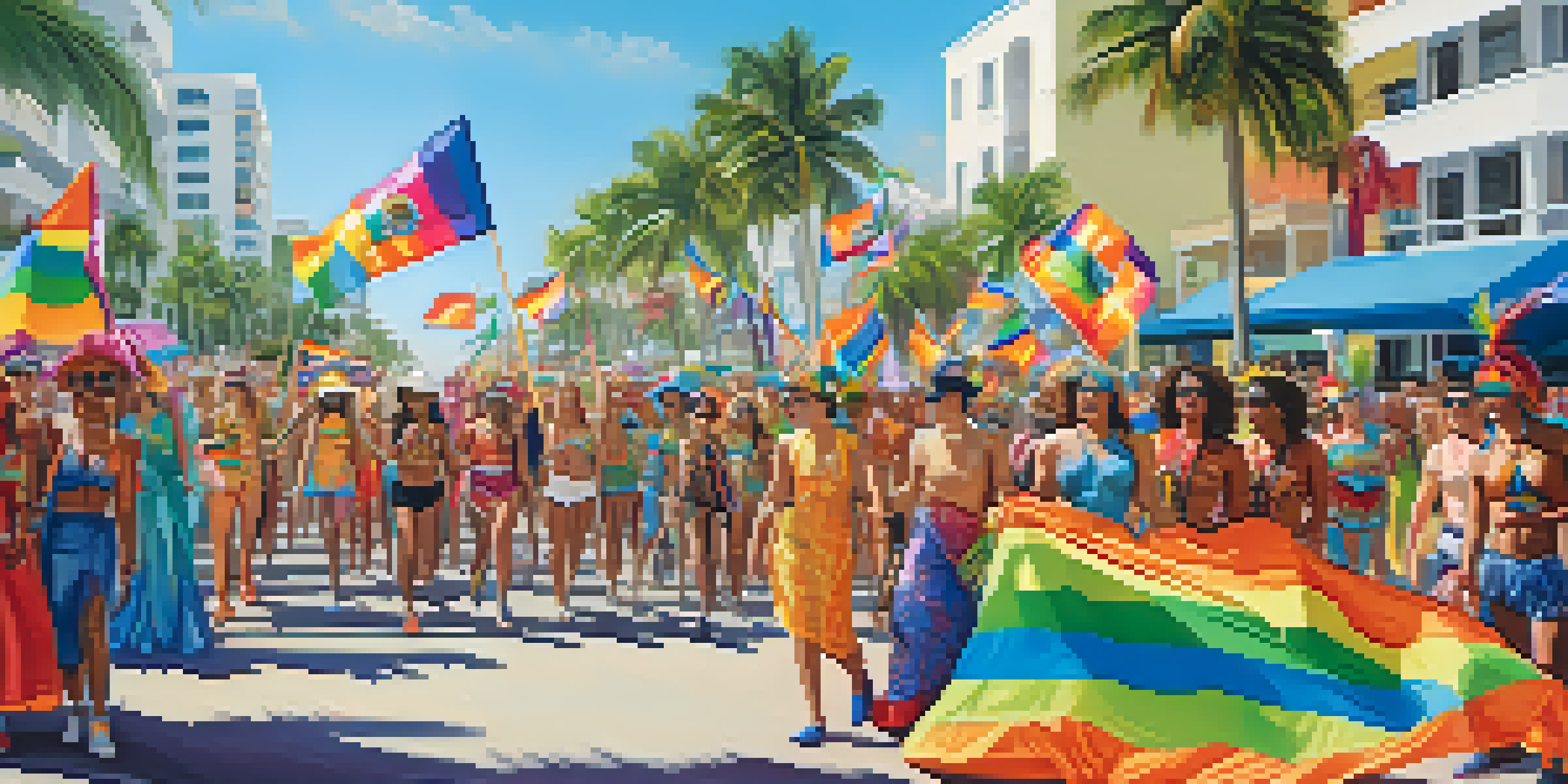 A colorful parade at Miami Beach Pride with participants in costumes and rainbow flags under bright sunlight.