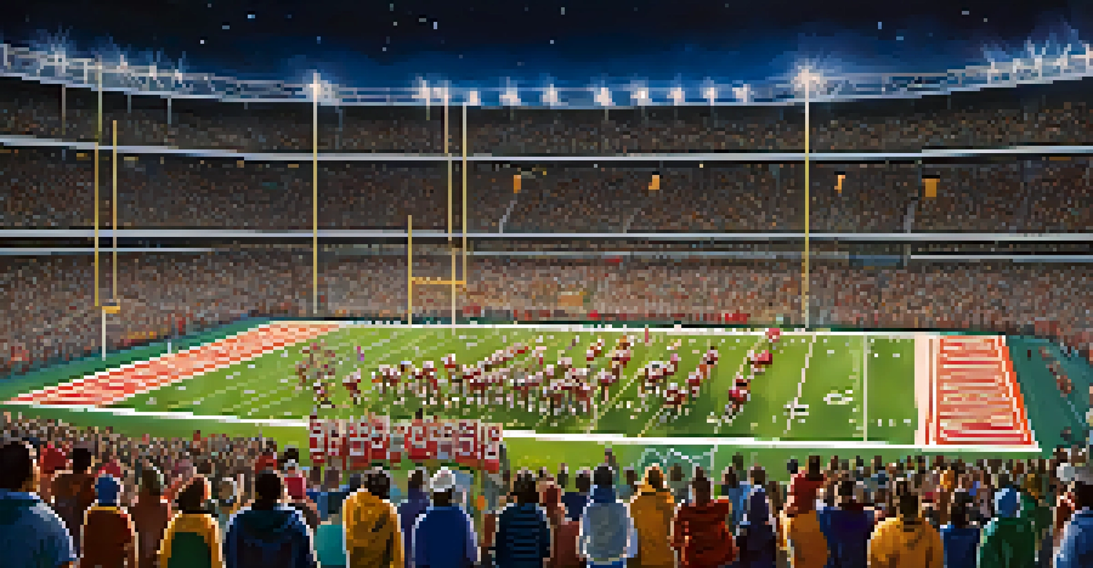 A high school football game at night with players in colorful uniforms and enthusiastic fans cheering in the stands.