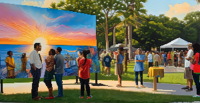 An outdoor art exhibition featuring colorful murals and diverse people enjoying the artwork in a Florida park.
