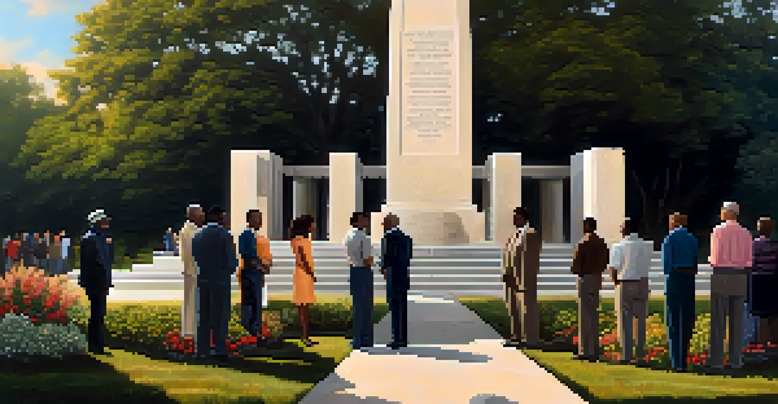 A multi-generational group of activists gathered at a memorial site honoring the Civil Rights Movement, looking thoughtful in soft evening light.