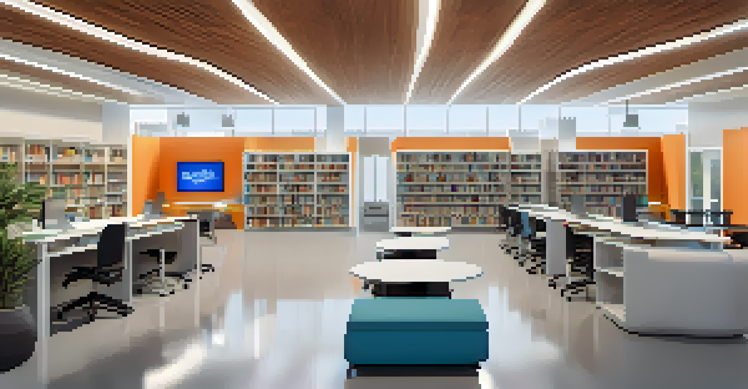 A modern Florida public library featuring advanced technology such as 3D printing and virtual reality stations, with patrons using the resources.