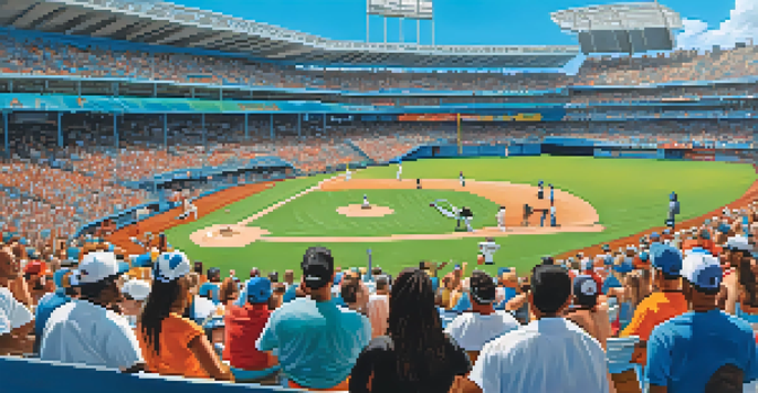 A lively baseball game at the Miami Marlins stadium with a diverse crowd, colorful banners, and food vendors.
