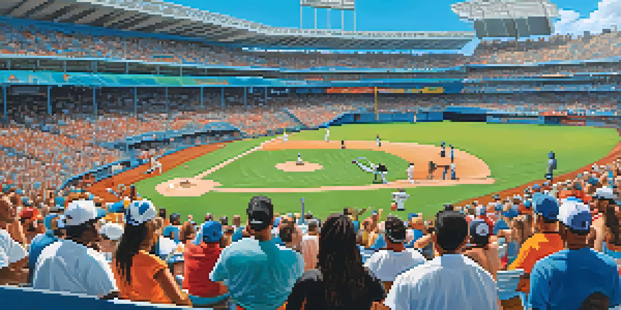 A lively baseball game at the Miami Marlins stadium with a diverse crowd, colorful banners, and food vendors.