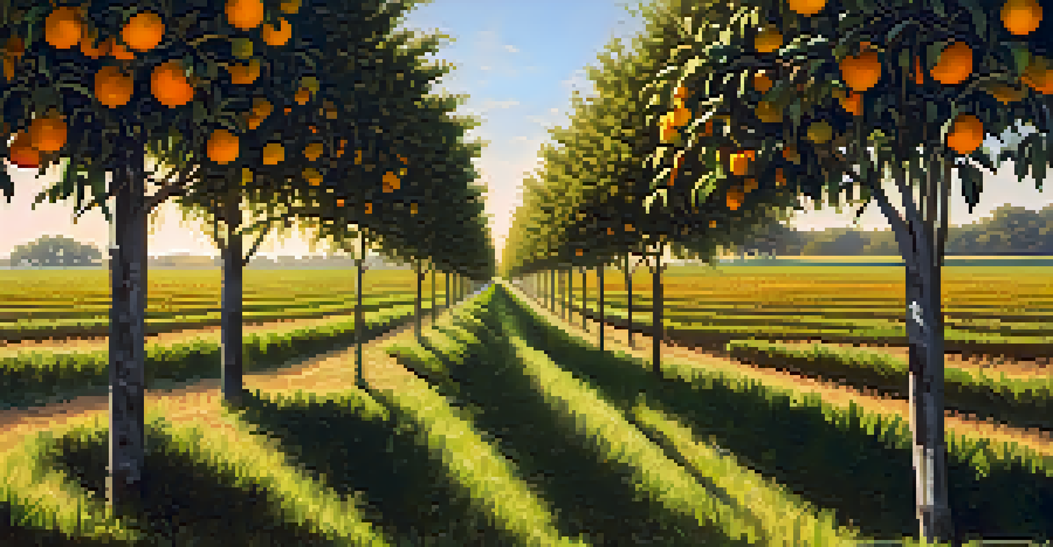A Central Florida farm with citrus trees and ripe oranges, highlighting the state's agricultural landscape.