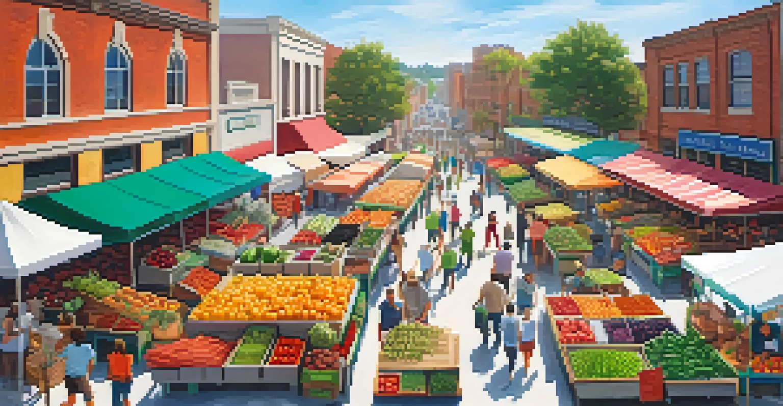 A bustling farmers' market with fresh produce and people interacting.