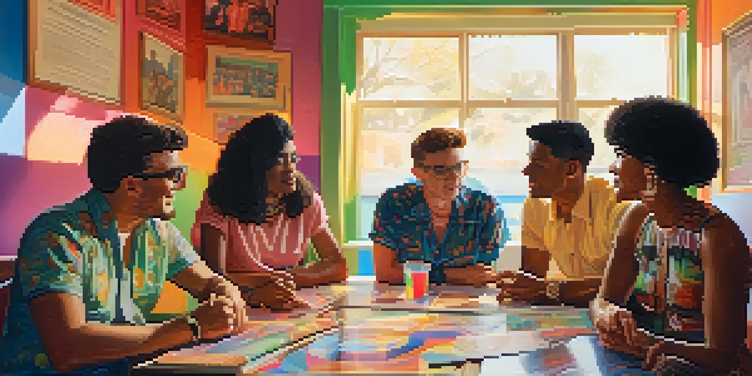 A group of diverse individuals from the 1960s engaged in a passionate discussion about LGBTQ+ rights in a warmly lit room filled with vintage decor and colorful advocacy posters.