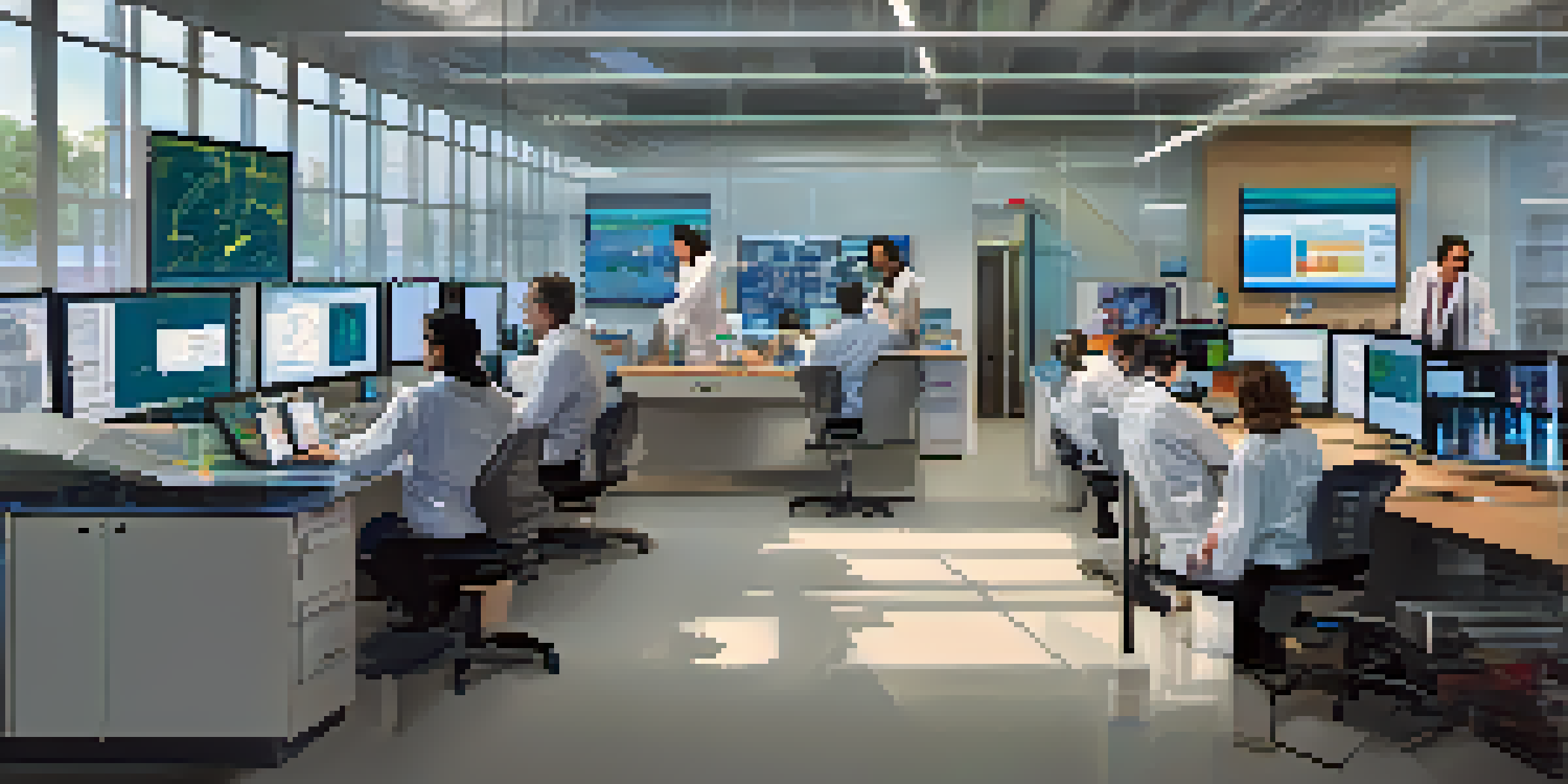 A bright and modern research laboratory with diverse researchers collaborating on technology transfer projects, surrounded by high-tech equipment and colorful charts.