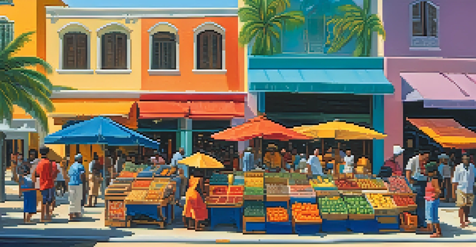 A lively outdoor market in Miami with colorful stalls and diverse people interacting, highlighting the cultural richness of Florida.