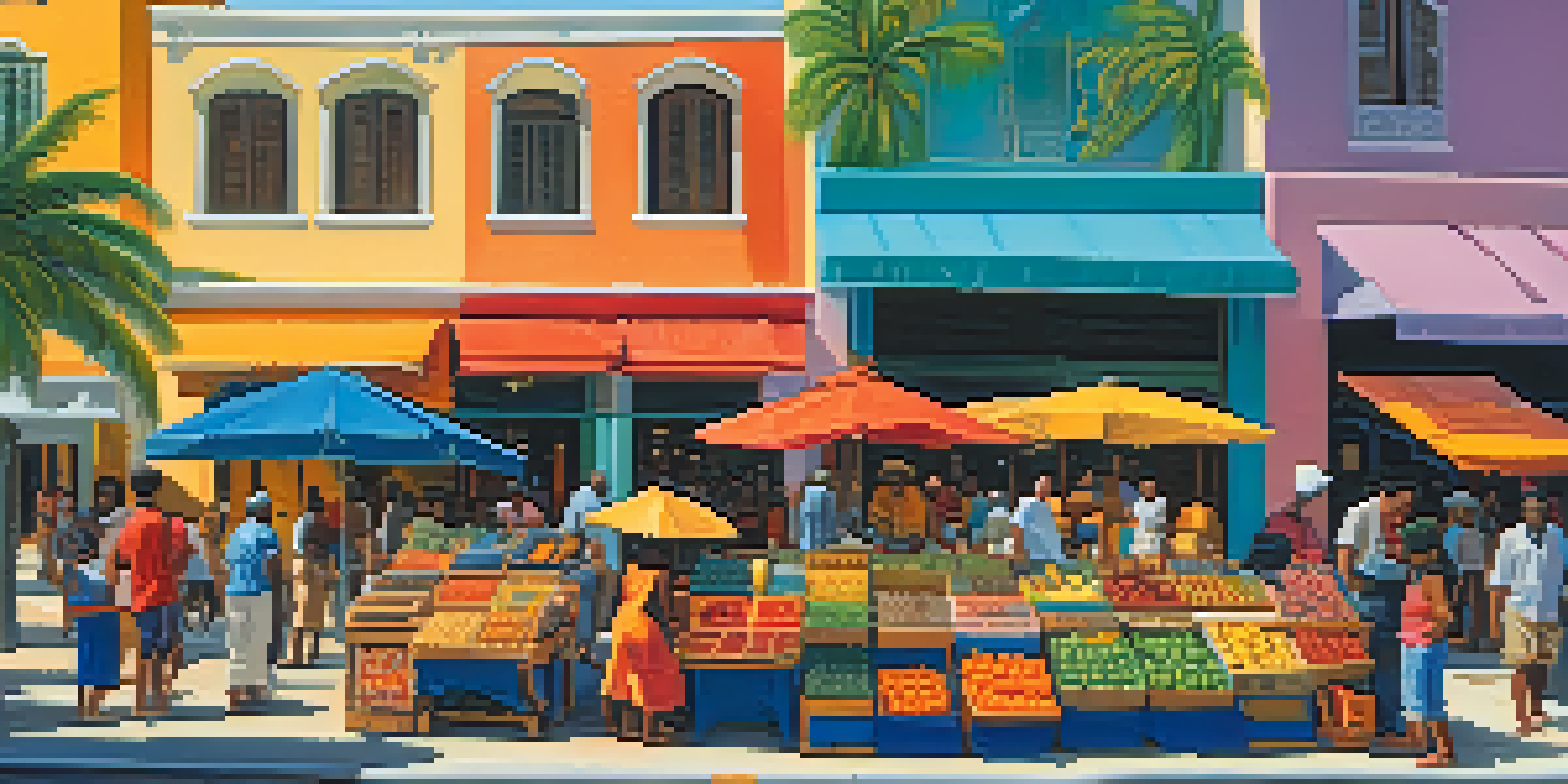 A lively outdoor market in Miami with colorful stalls and diverse people interacting, highlighting the cultural richness of Florida.