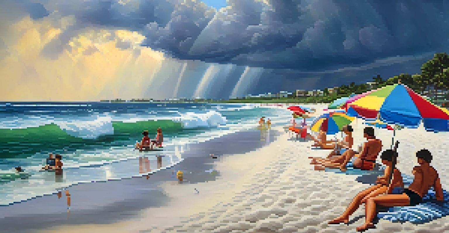 A lively beach scene in Florida during summer with sunbathers, children playing, and dark clouds hinting at an upcoming thunderstorm.