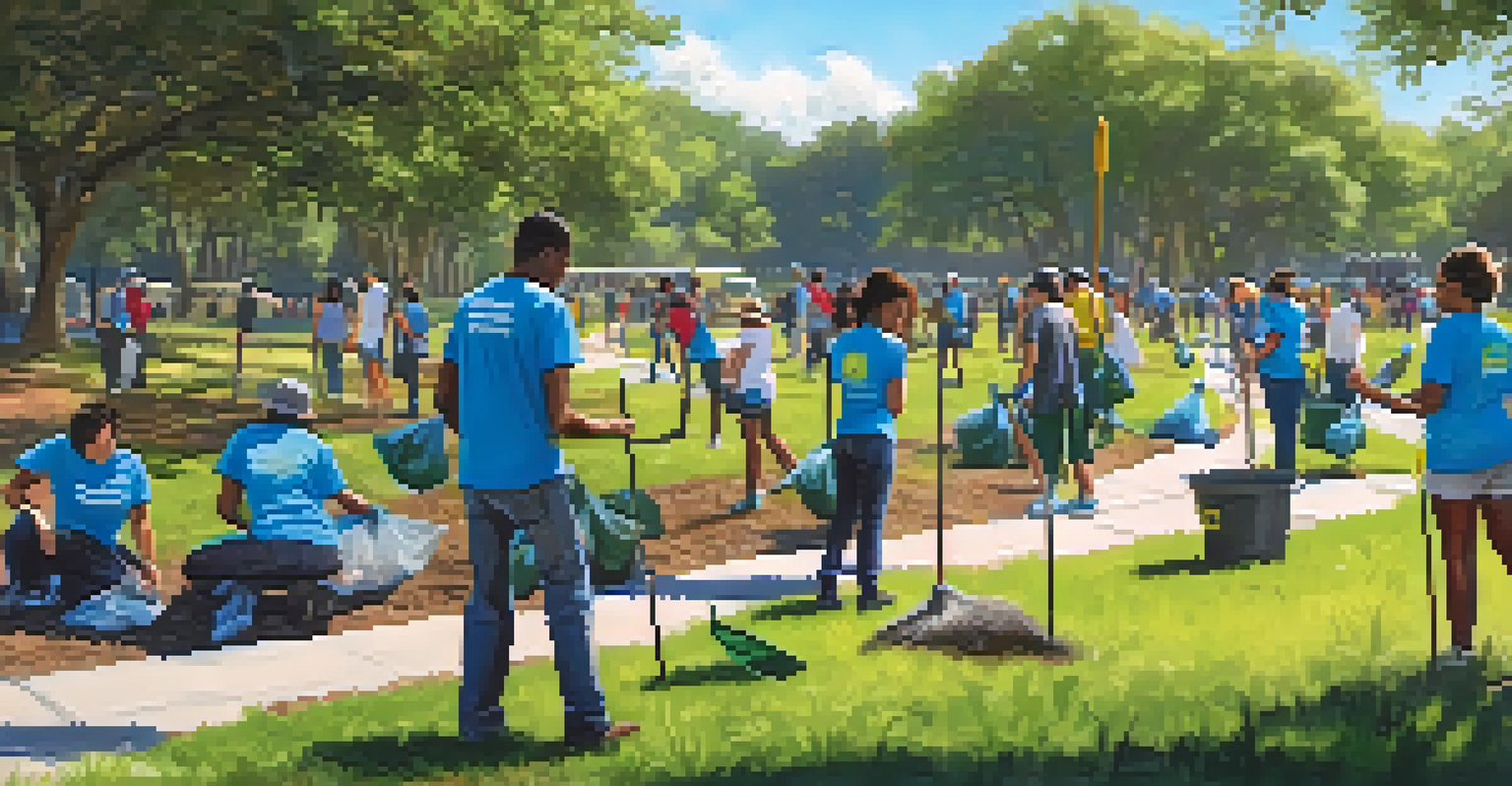 Students from Florida State University participating in a park clean-up community service event under a sunny sky.