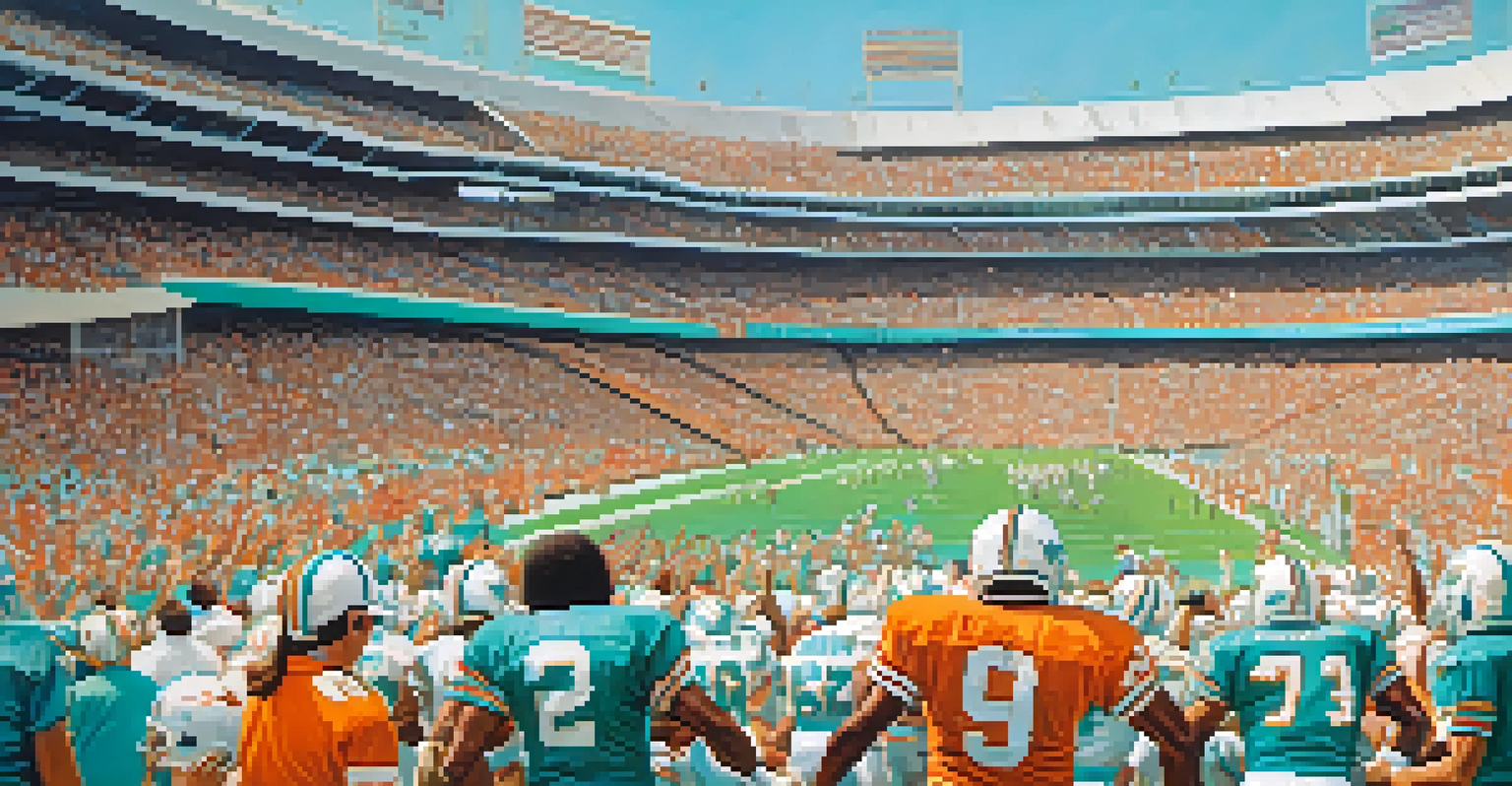 A thrilling moment from a 1970s Miami Dolphins game, with players in teal uniforms and a cheering crowd against the Miami skyline.