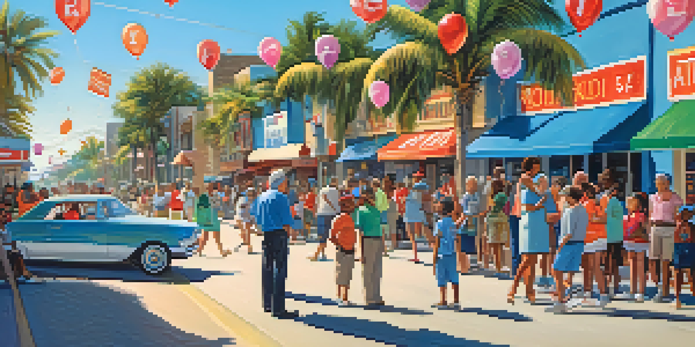 A lively street scene in Florida with diverse voters of all ages engaging in the election process, surrounded by colorful campaign decorations and palm trees.