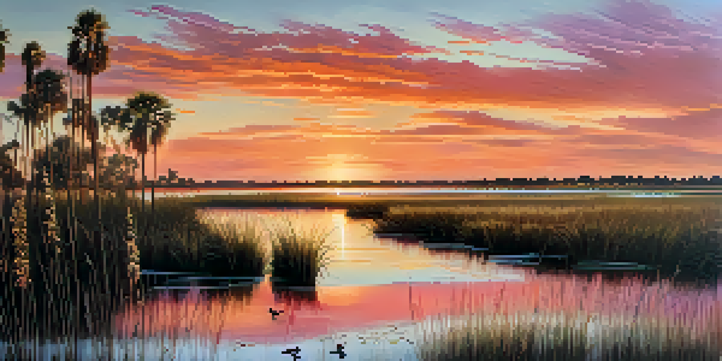 A sunset view over a Florida wetland with colorful reflections and birds in the foreground.