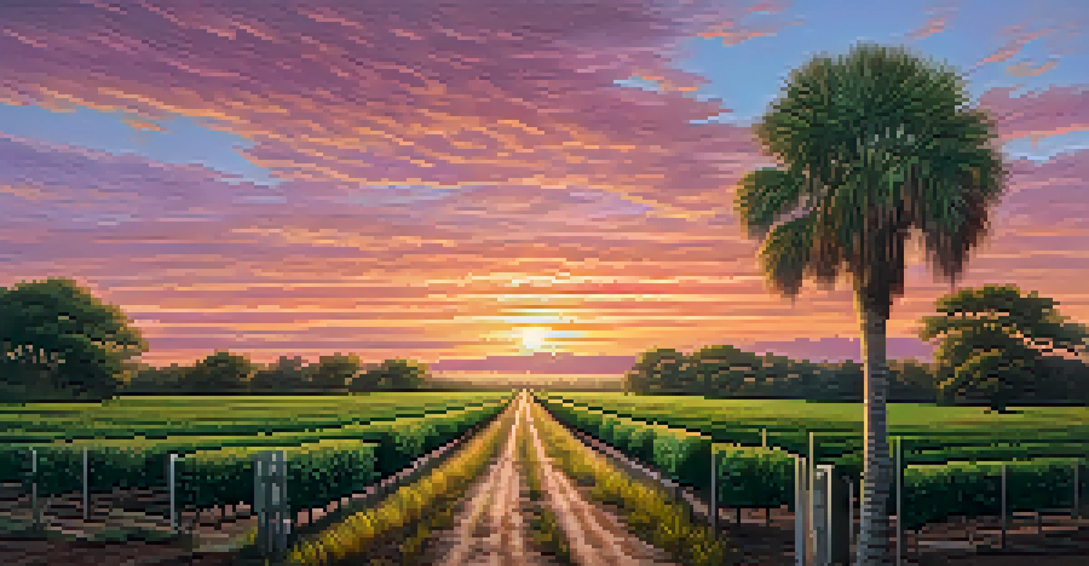 A tranquil rural landscape in Florida featuring orange groves and a farmhouse at sunset, showcasing the agricultural beauty of the state.