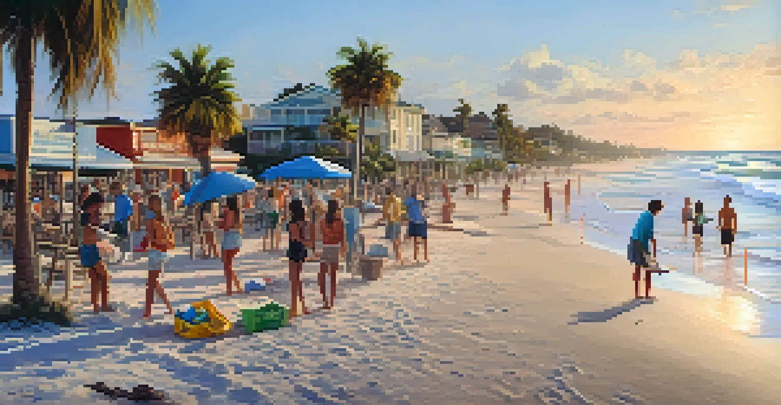 A coastal view of Florida during golden hour, showing a beach clean-up activity with people collecting trash to protect coral reefs, framed by palm trees and gentle ocean waves.