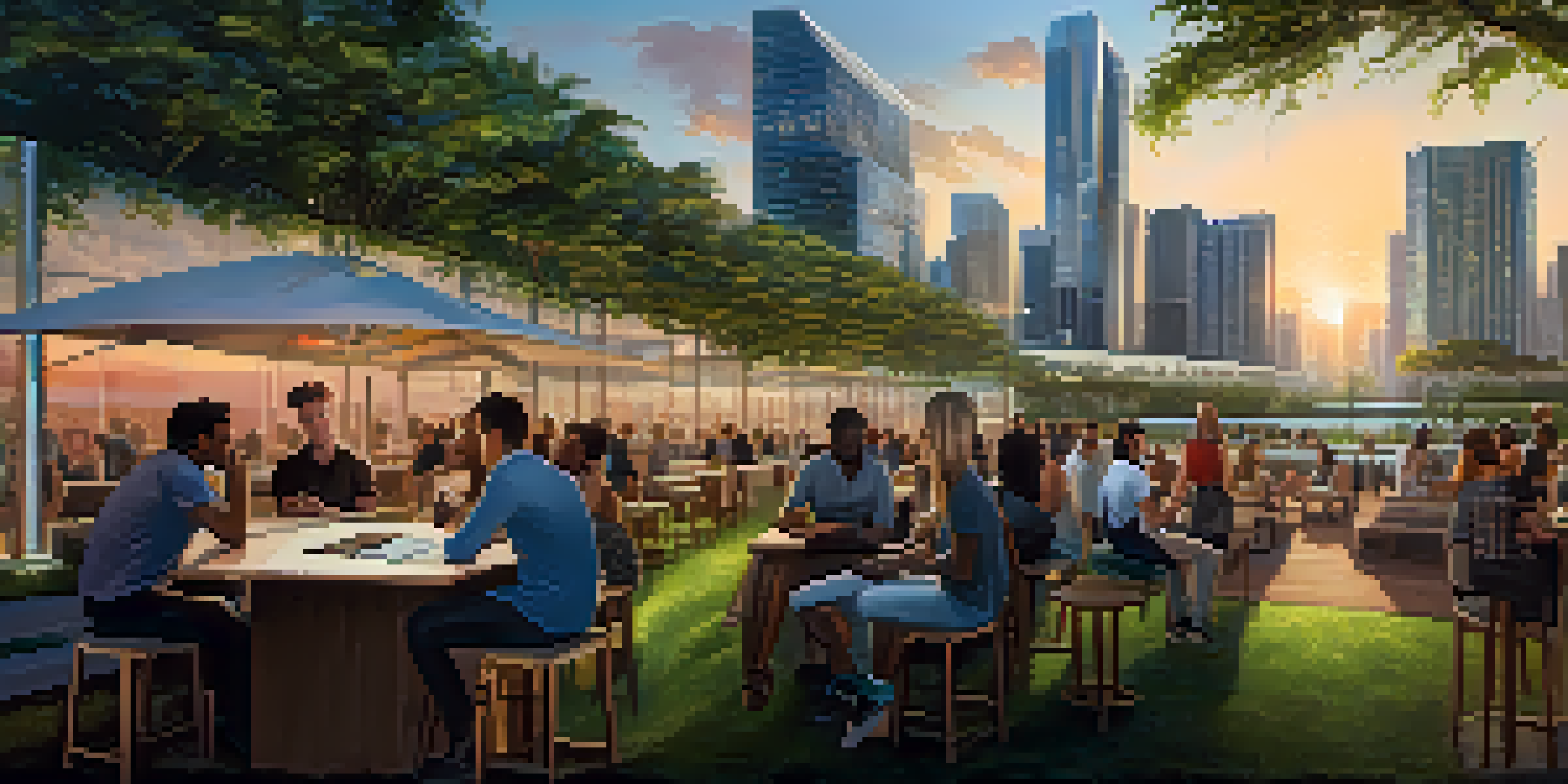 A vibrant Miami skyline at sunset with modern skyscrapers, and a diverse group of professionals discussing ideas in a lively outdoor setting.