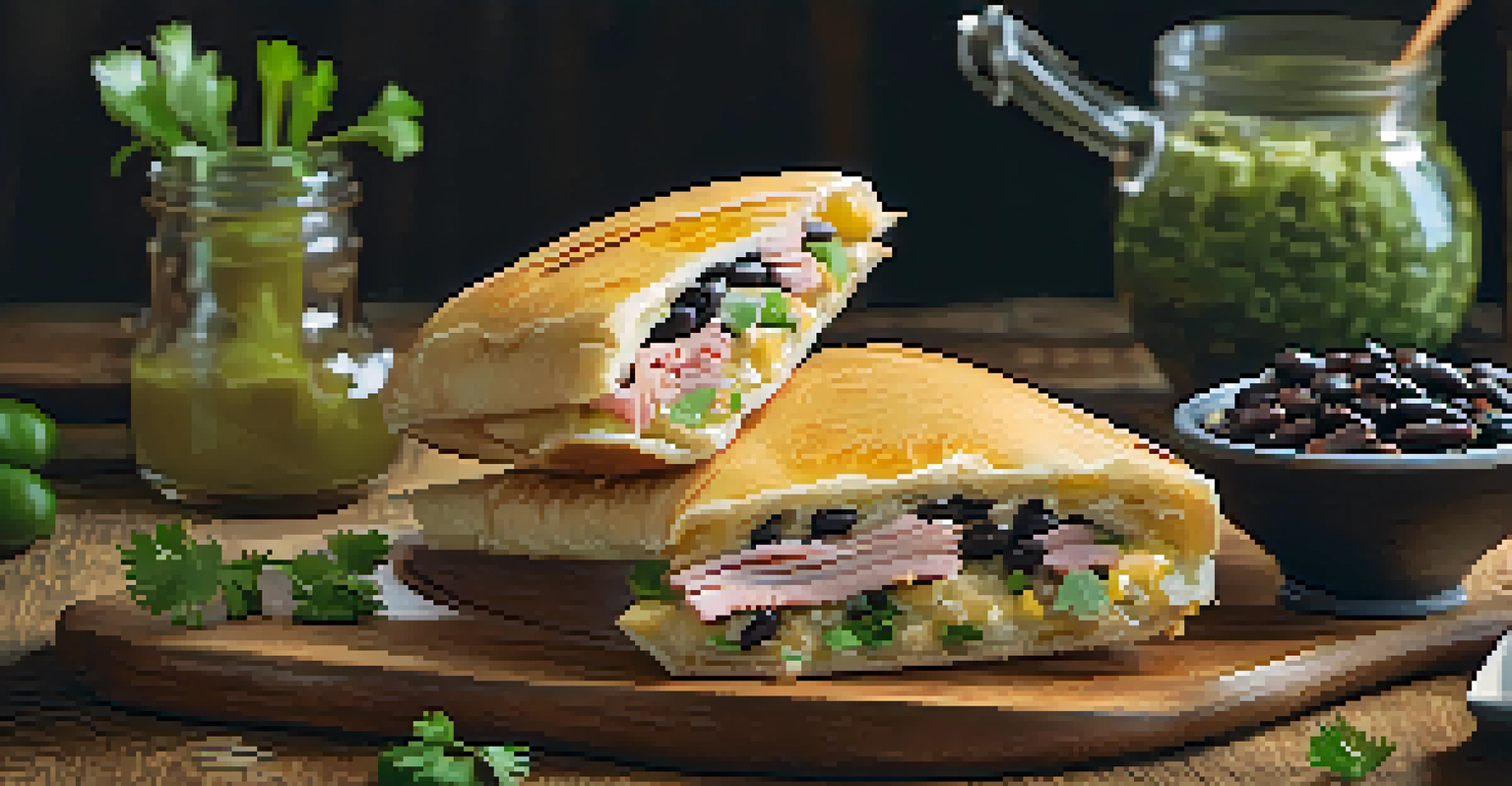 A close-up of a Cuban sandwich, empanadas, and black beans arranged on a rustic wooden table with soft lighting.