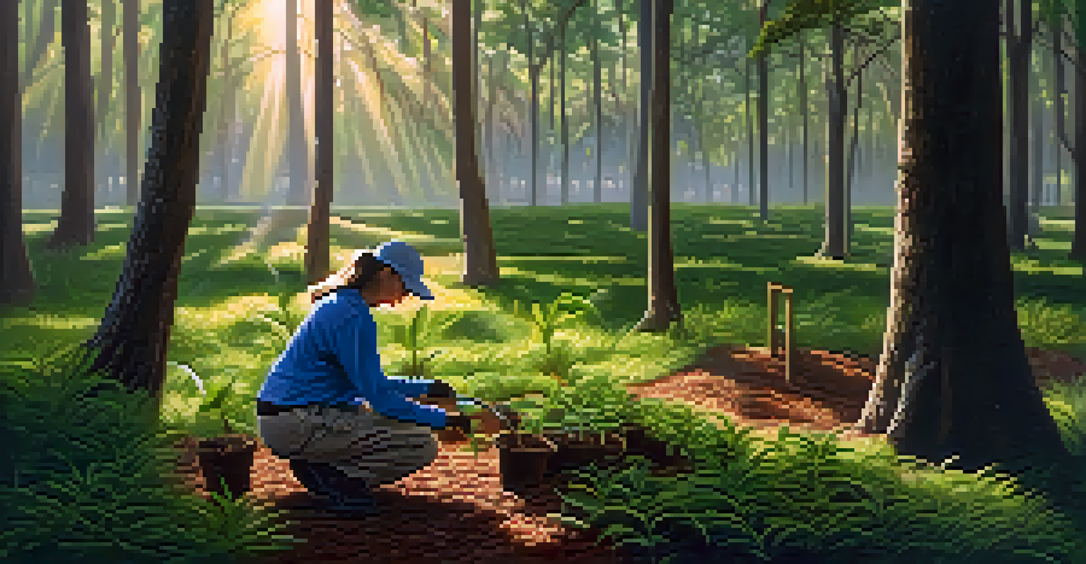 A volunteer planting young trees in a green park, surrounded by nature and sunlight filtering through the leaves.