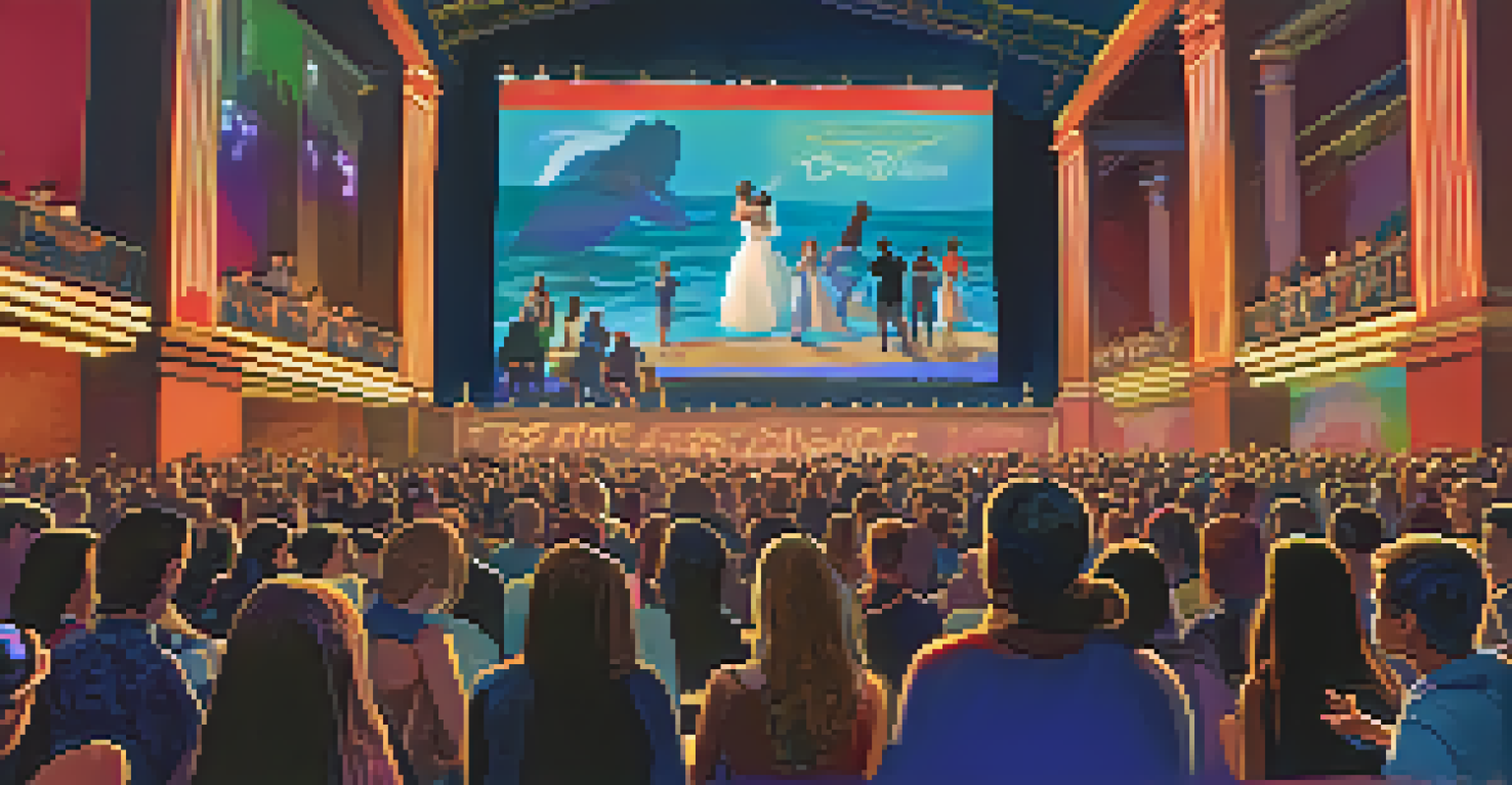Film festival scene in Florida showcasing student films with an audience and colorful lighting.