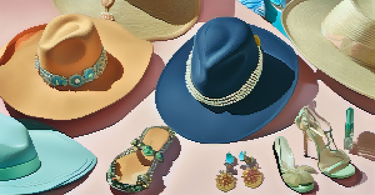 A detailed close-up of unique accessories like hats and jewelry showcased at Florida Fashion Week against a soft pastel background.