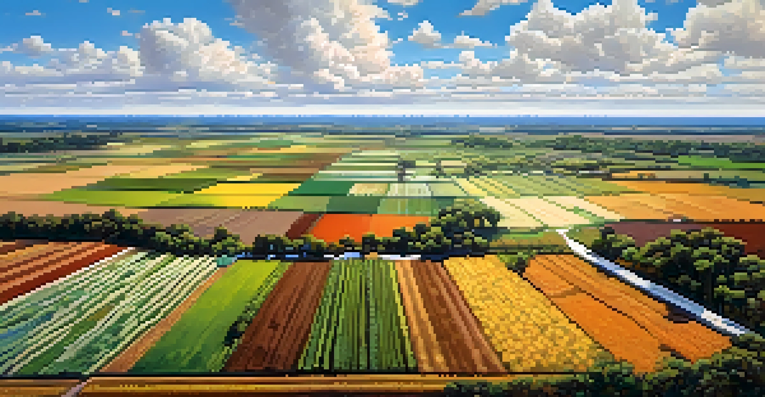 Aerial view of a colorful Florida farm with diverse crops, showcasing a patchwork of fields.