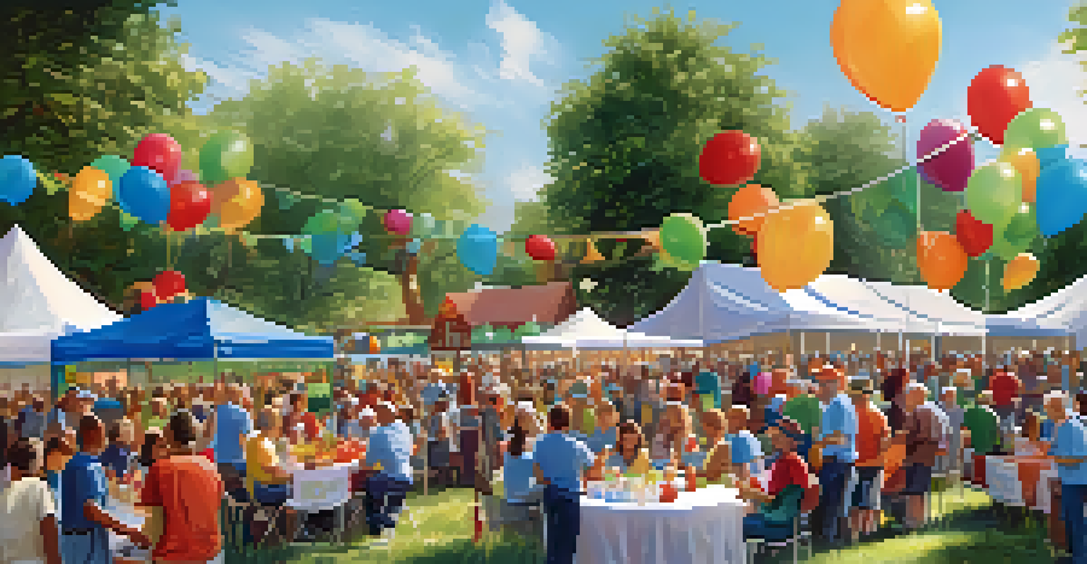 A vibrant community event celebrating volunteers, featuring banners, balloons, and a small stage with volunteers being recognized, creating a festive atmosphere.