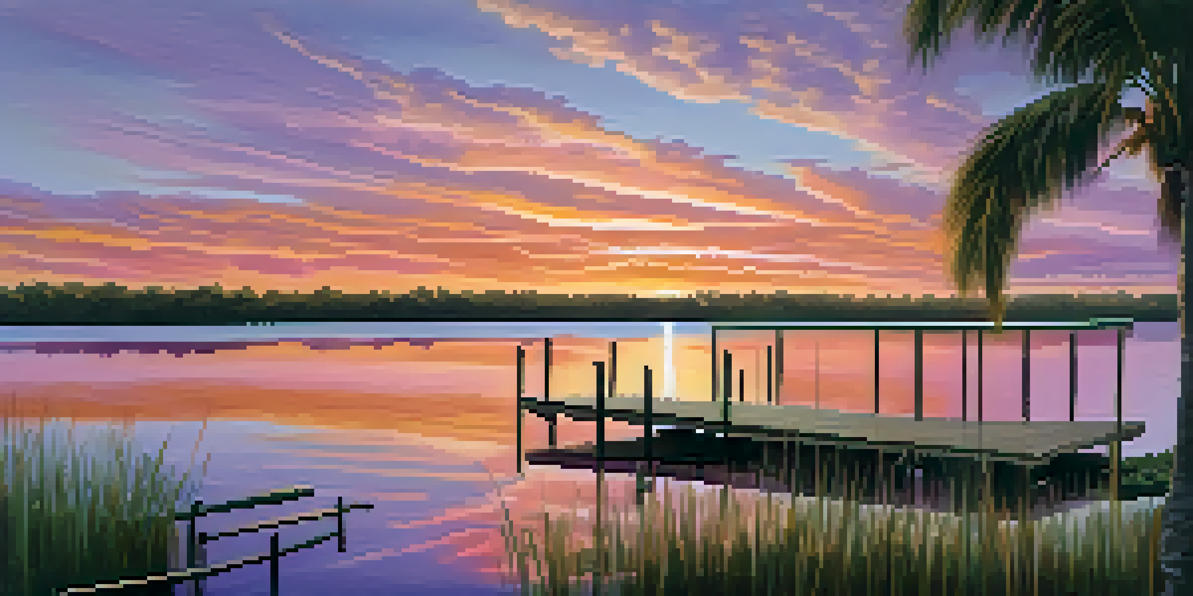 A picturesque Florida sunset over a lake with palm trees and a wooden dock.