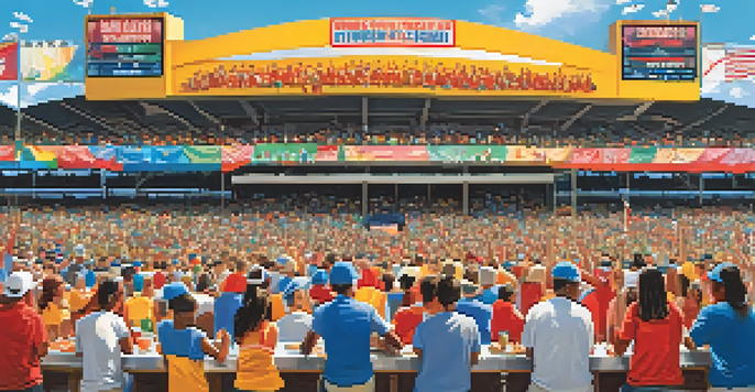 A lively community sports event in Florida with families and friends gathered in a stadium, colorful banners, food stalls, and fans in team jerseys under a sunny sky.