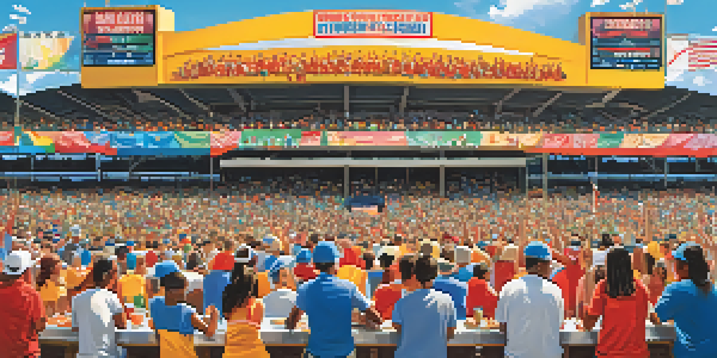 A lively community sports event in Florida with families and friends gathered in a stadium, colorful banners, food stalls, and fans in team jerseys under a sunny sky.