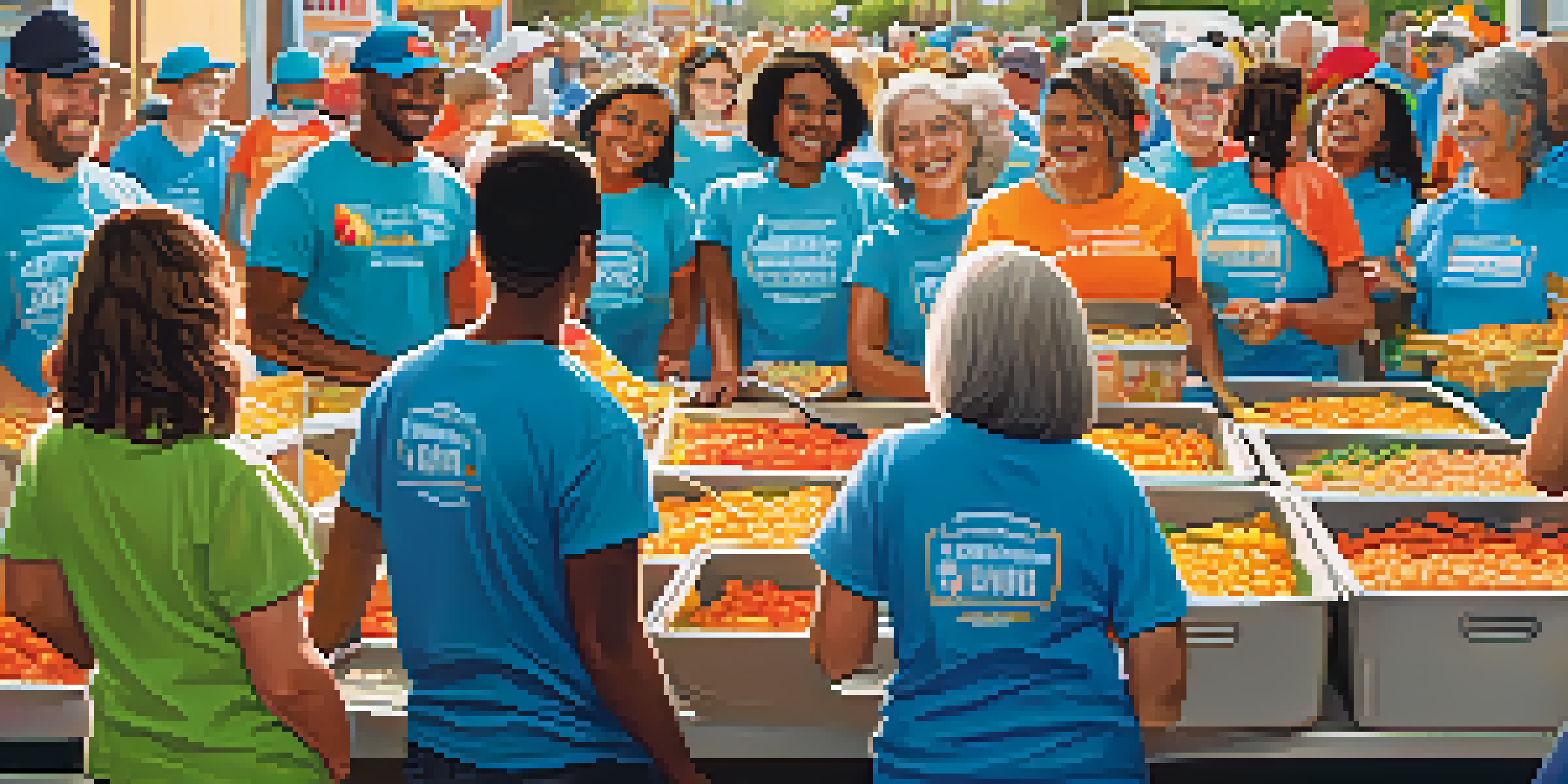 A diverse group of volunteers working together in a bright and cheerful setting to pack food for a local food bank.