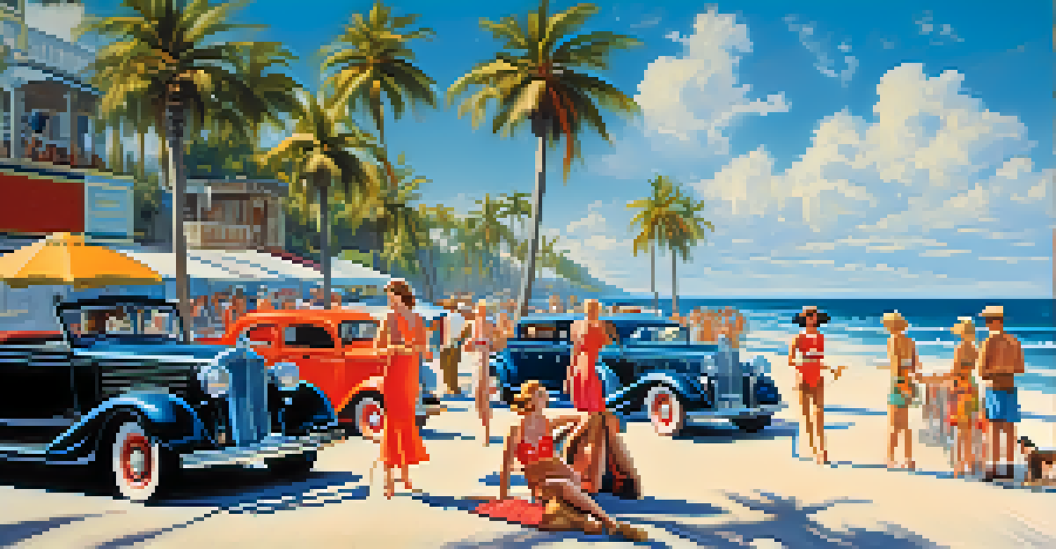 A 1930s beach party in Florida with glamorous people in vintage swimwear, classic cars, and palm trees, all under a bright blue sky.