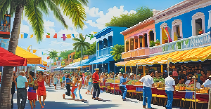 A lively street festival in Miami with colorful decorations, musicians, and people dancing, highlighting Hispanic culture.