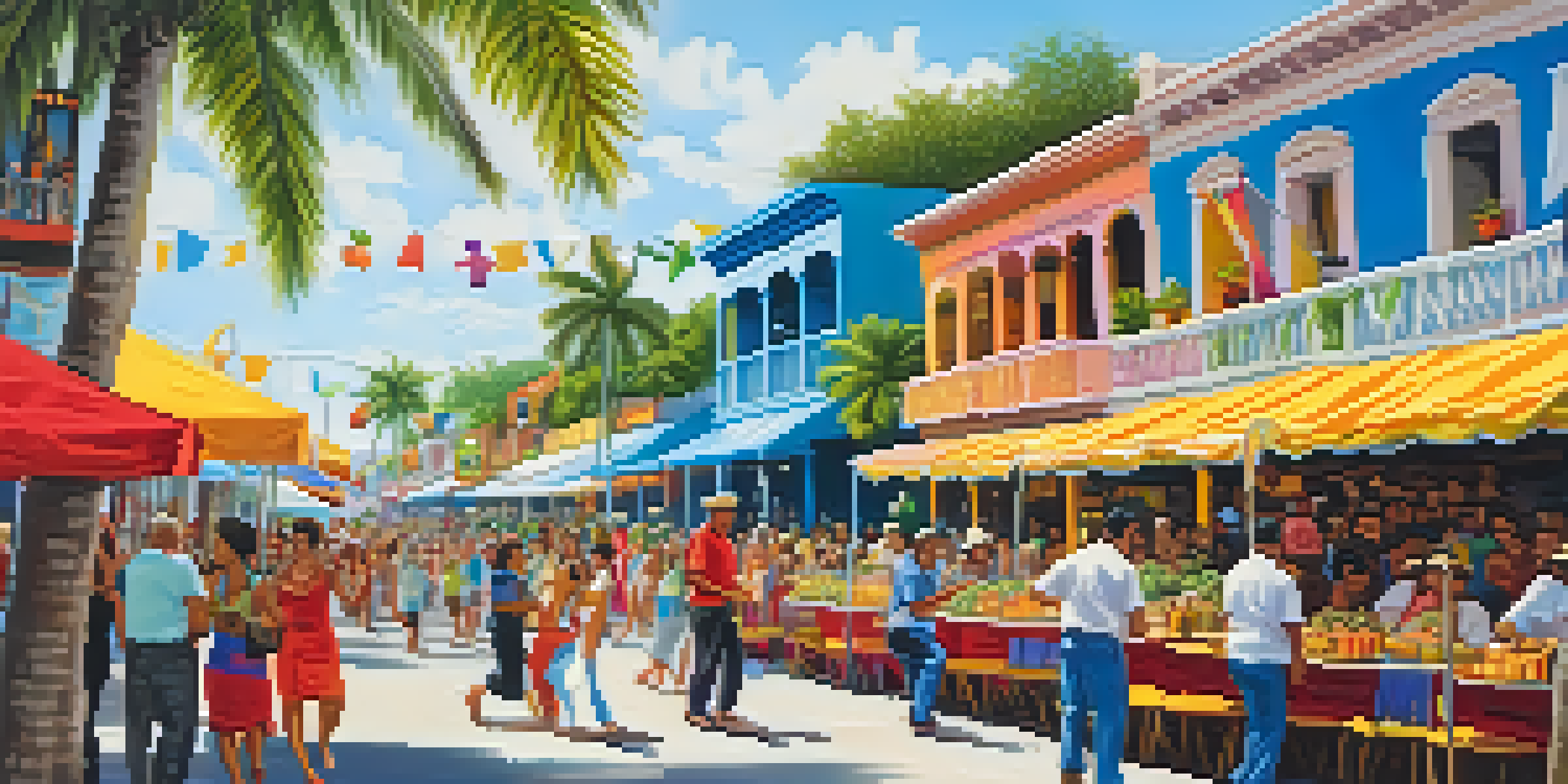 A lively street festival in Miami with colorful decorations, musicians, and people dancing, highlighting Hispanic culture.