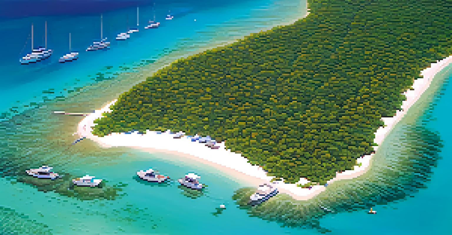 An aerial view of Biscayne National Park, showcasing turquoise waters, small boats, and visible coral reefs.