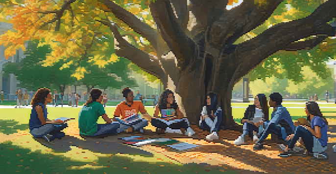 A diverse group of students engaging in discussion on a university campus, surrounded by nature and cultural banners.