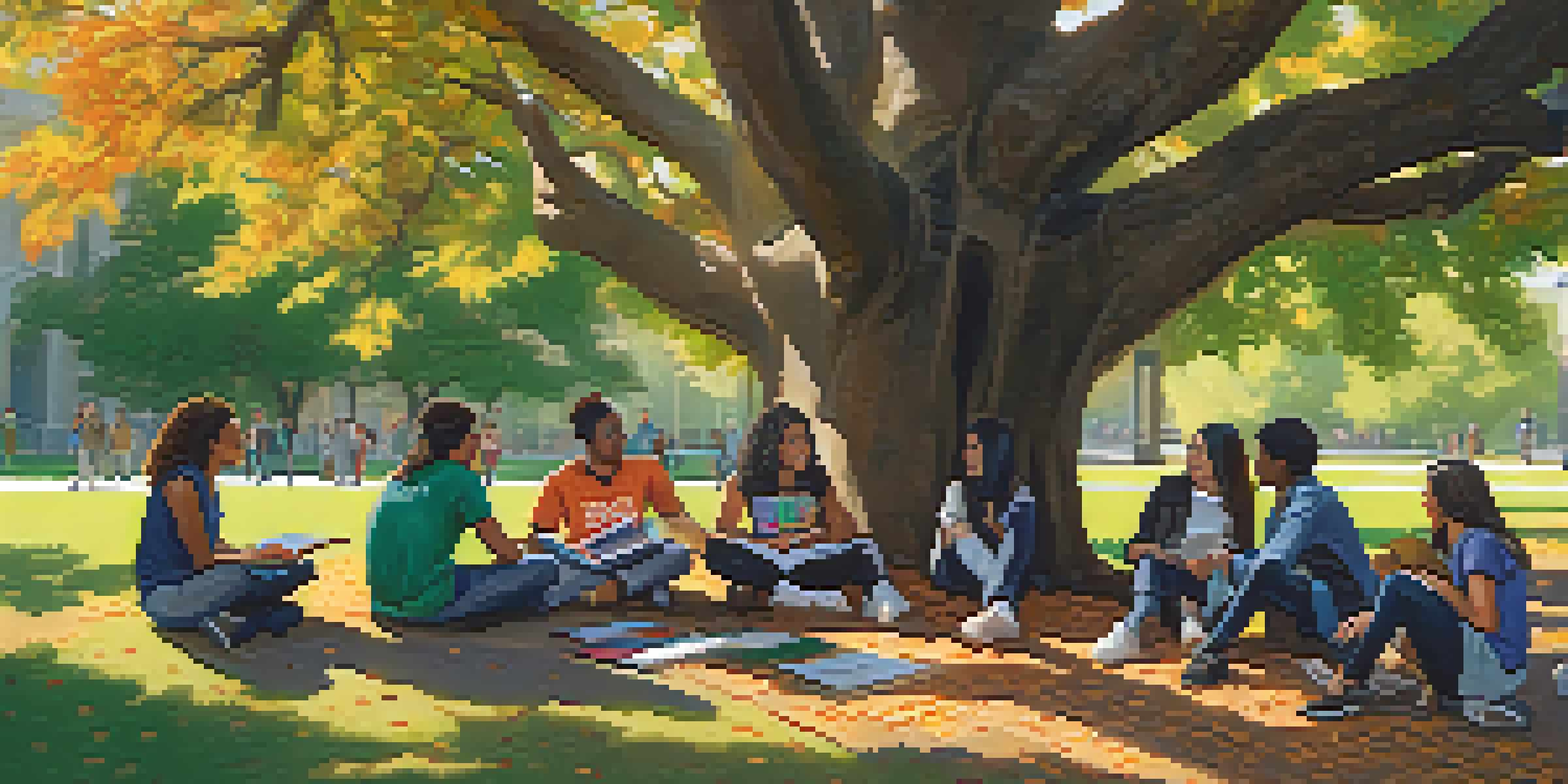 A diverse group of students engaging in discussion on a university campus, surrounded by nature and cultural banners.