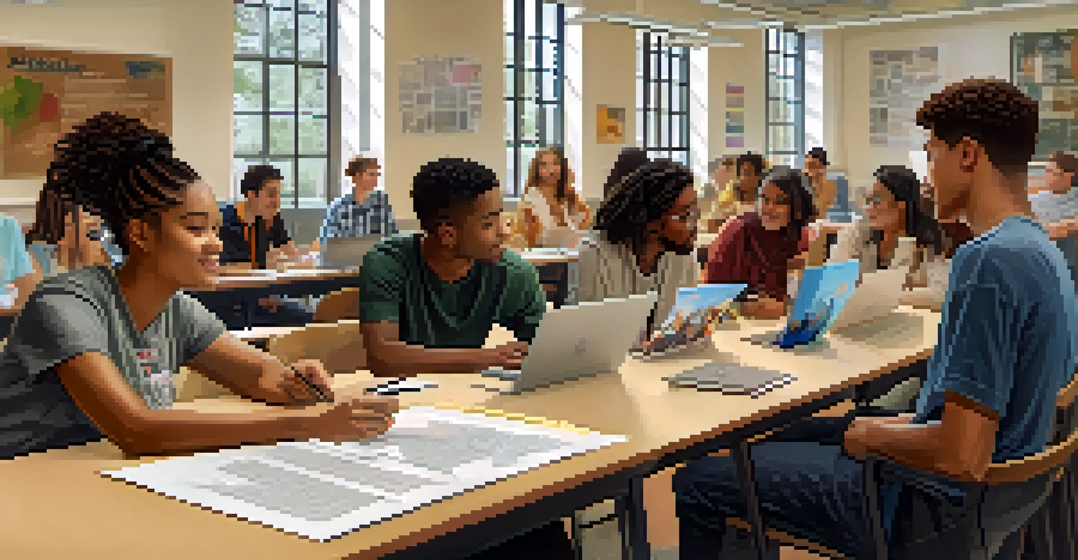 A diverse group of students working together in a bright classroom at Florida State University, focused on a collaborative project.