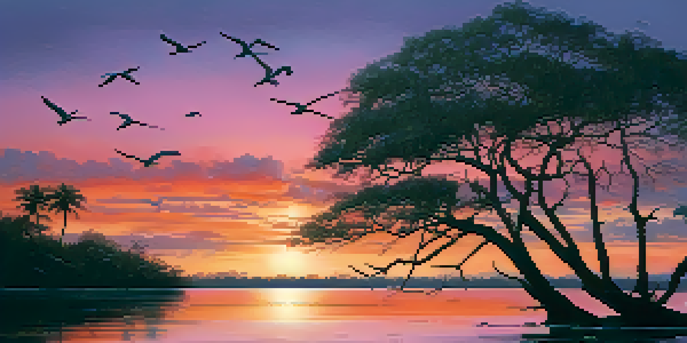 A vibrant sunset over Florida's coast, showcasing mangroves and a coral reef with seagulls flying in the sky.